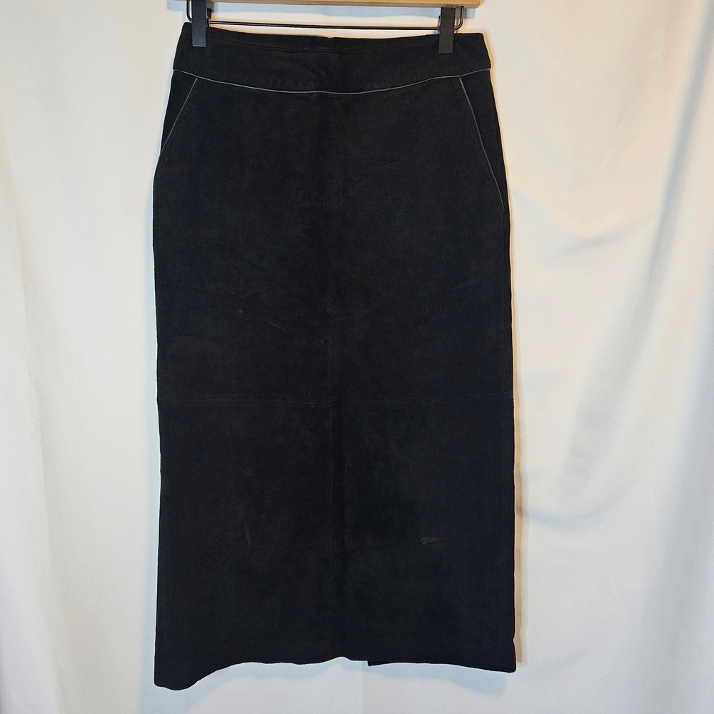 Ann Taylor Loft Suede Leather Midi Skirt Women 4 Black Dark Academia Office Chic
